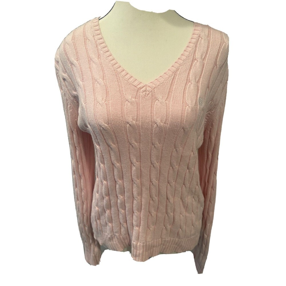 CHAPS Women's Cable Knit Long Sleeve Cotton Pink Sweater Size M